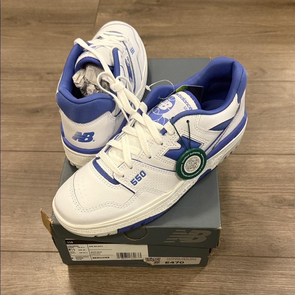 New Balance 550 White and Blue Athletic Shoes